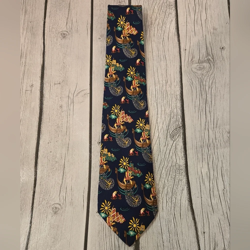 Salvatore Ferragamo Silk Tie Navy Fishermen Nautical Boats Italy Luxury Novelty